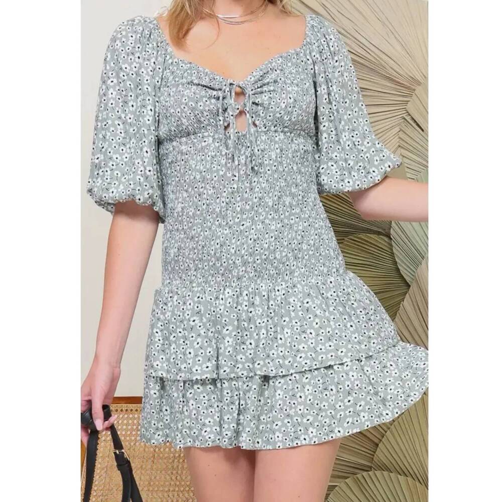 NEW LUMIERE floral smocked tie-front ruffle mini dress in sage daisy